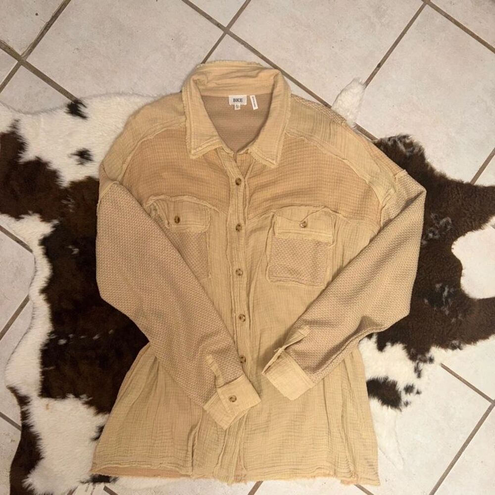BKE The Boyfriend Fit Mineral Wash Waffle Knit Button Down Shirt Jacket XL